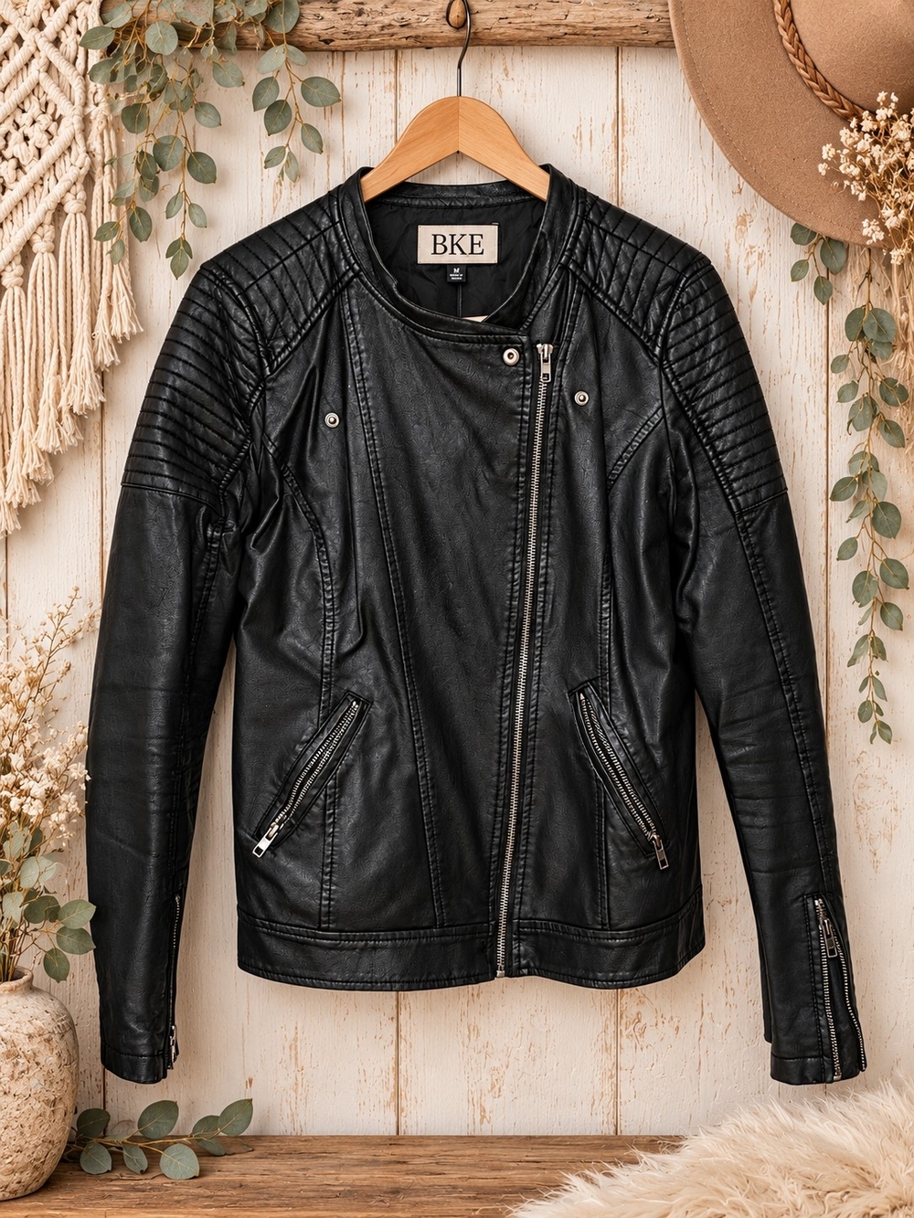 BKE Black Quilted Shoulder Faux Leather Moto Jacket
